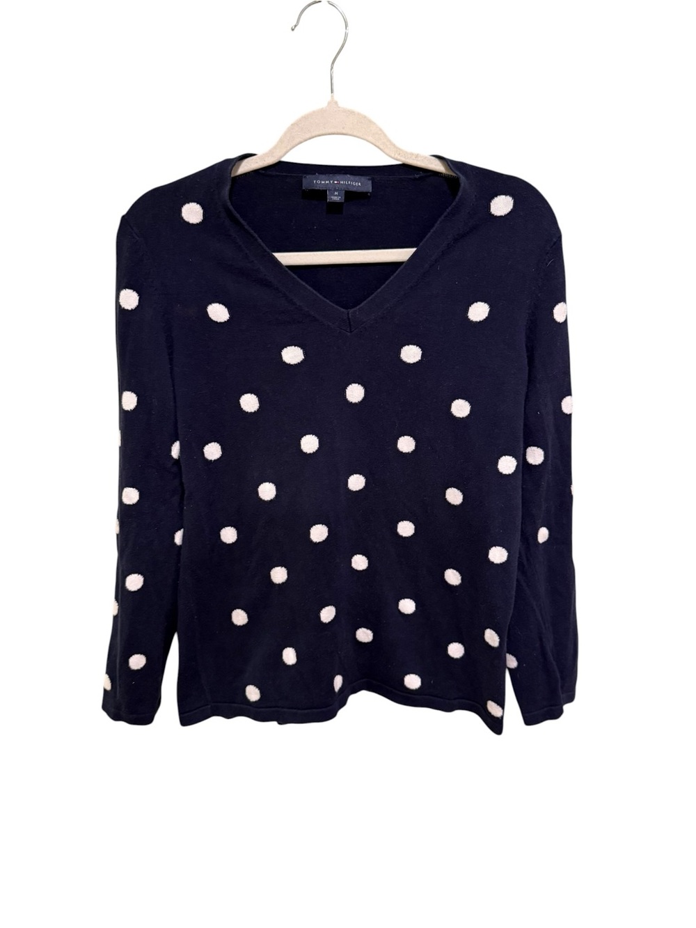 Classic Tommy Hilfiger Navy V-Neck Polka Dot Sweater - Size Medium